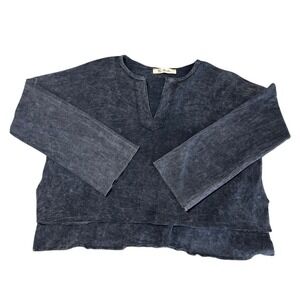 Lyn Burches Acid Wash Boho Top Split Neck Small Blue Waffle Knit Pullover